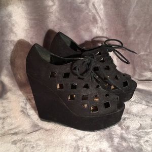 Peep toe black lace up wedge heel. Size 8.